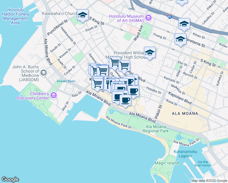 map of restaurants, bars, coffee shops, grocery stores, and more near None in Honolulu