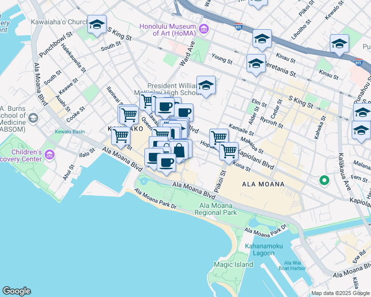 map of restaurants, bars, coffee shops, grocery stores, and more near 1133 Waimanu Street in Honolulu