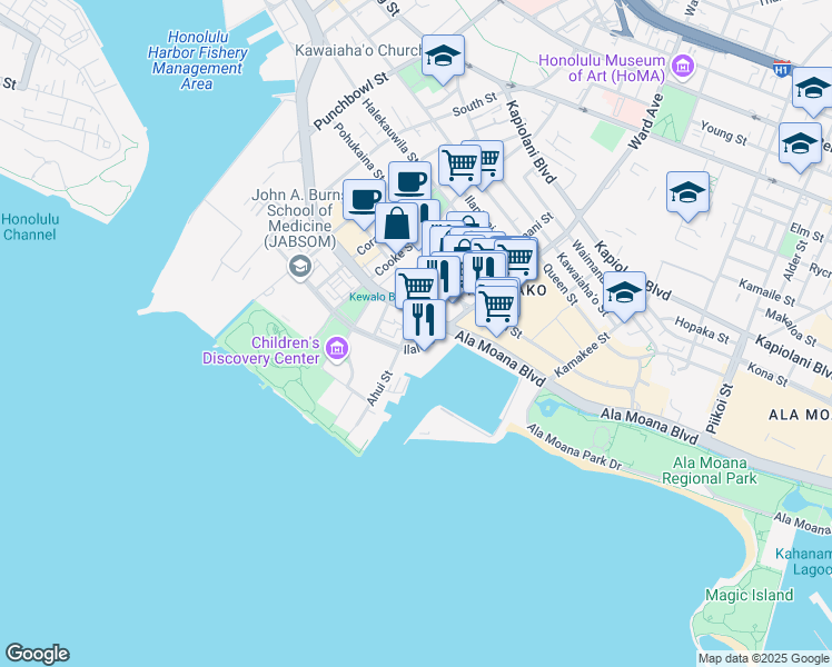 map of restaurants, bars, coffee shops, grocery stores, and more near 919 Ala Moana Boulevard in Honolulu