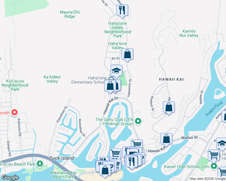 map of restaurants, bars, coffee shops, grocery stores, and more near 595 Pepeekeo Street in Honolulu