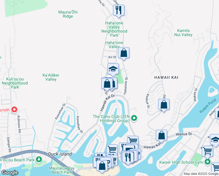 map of restaurants, bars, coffee shops, grocery stores, and more near 595 Pepeekeo Street in Honolulu