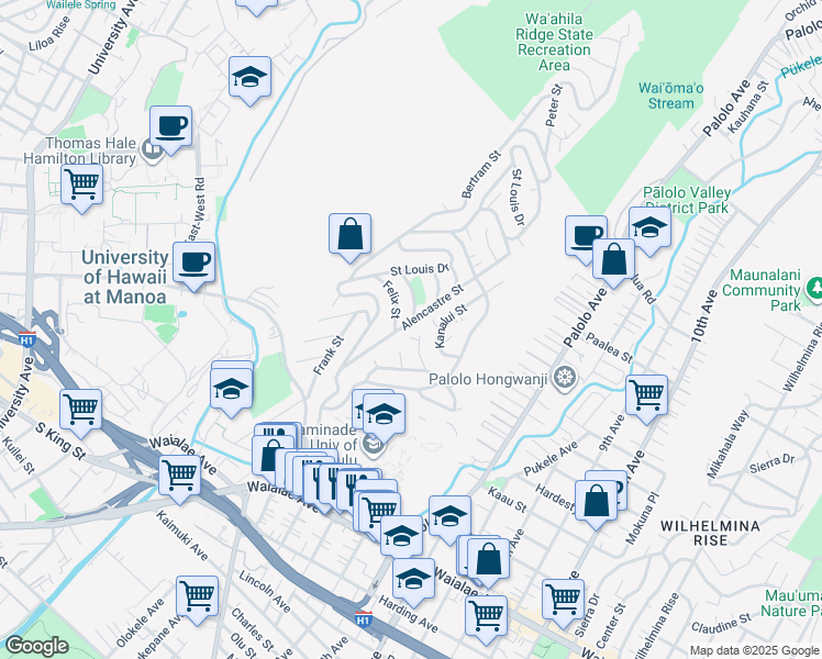 map of restaurants, bars, coffee shops, grocery stores, and more near 3056 Gulston Street in Honolulu