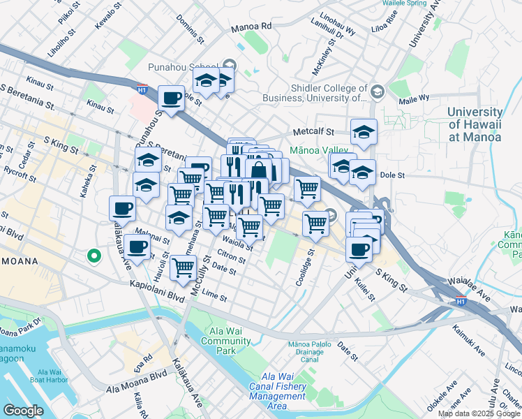 map of restaurants, bars, coffee shops, grocery stores, and more near 2064 Young Street in Honolulu