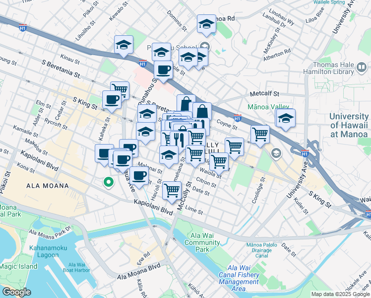 map of restaurants, bars, coffee shops, grocery stores, and more near 1914 South King Street in Honolulu