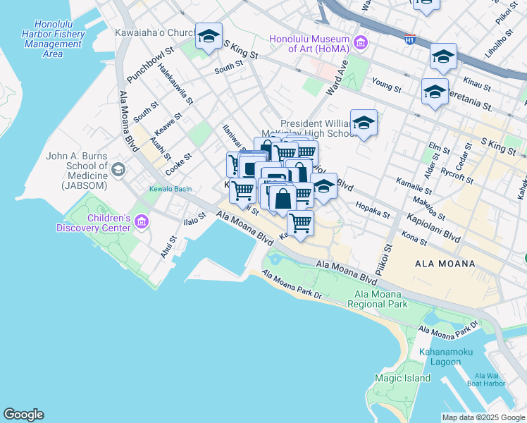map of restaurants, bars, coffee shops, grocery stores, and more near 1008 Auahi Street in Honolulu
