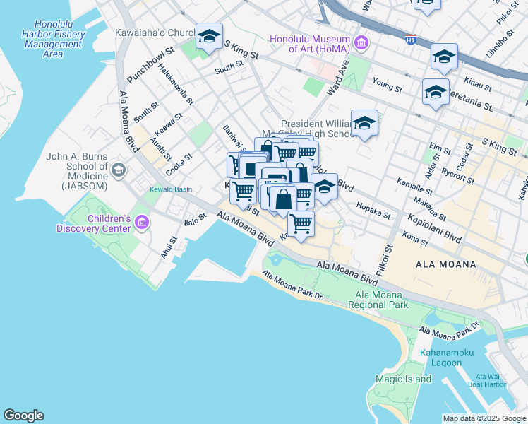 map of restaurants, bars, coffee shops, grocery stores, and more near 1000 Auahi Street in Honolulu