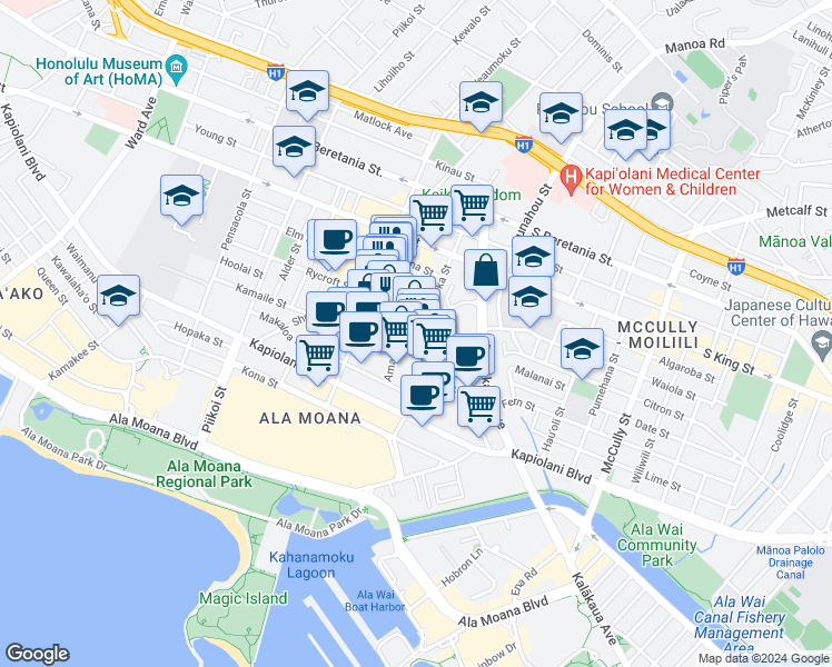 map of restaurants, bars, coffee shops, grocery stores, and more near in Honolulu