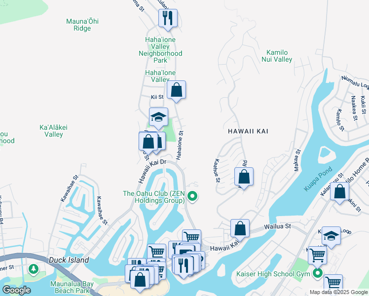 map of restaurants, bars, coffee shops, grocery stores, and more near 555 Hahaione Street in Honolulu