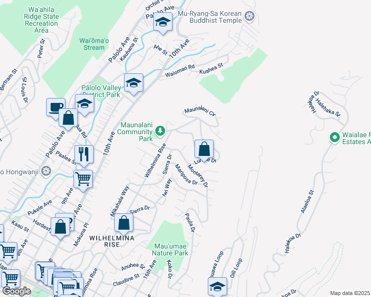 map of restaurants, bars, coffee shops, grocery stores, and more near 4763 Matsonia Drive in Honolulu
