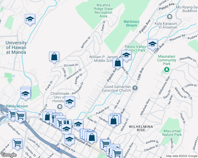 map of restaurants, bars, coffee shops, grocery stores, and more near 3265 Kilihune Place in Honolulu