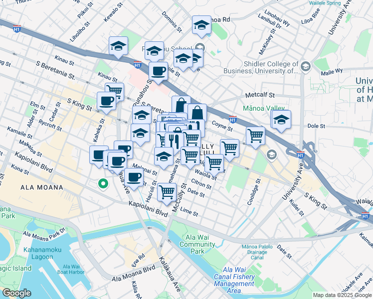 map of restaurants, bars, coffee shops, grocery stores, and more near 1914 South King Street in Honolulu