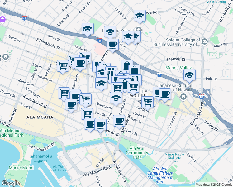 map of restaurants, bars, coffee shops, grocery stores, and more near 1773 South King Street in Honolulu
