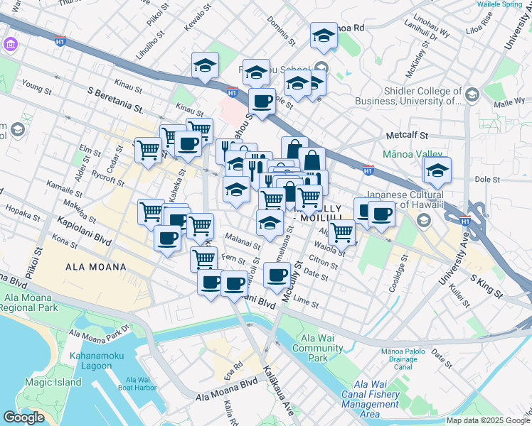map of restaurants, bars, coffee shops, grocery stores, and more near 1773 South King Street in Honolulu