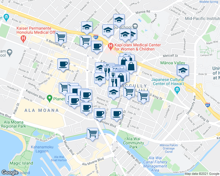 map of restaurants, bars, coffee shops, grocery stores, and more near 1773 South King Street in Honolulu