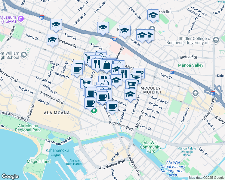 map of restaurants, bars, coffee shops, grocery stores, and more near 914 Punahou Street in Honolulu