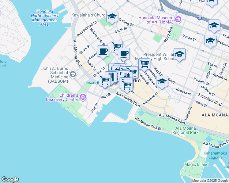 map of restaurants, bars, coffee shops, grocery stores, and more near 1002 Ala Moana Boulevard in Honolulu