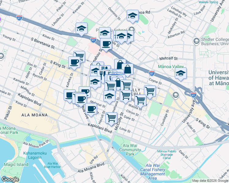 map of restaurants, bars, coffee shops, grocery stores, and more near 1773 South King Street in Honolulu