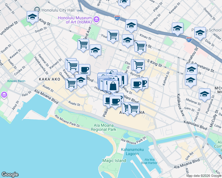 map of restaurants, bars, coffee shops, grocery stores, and more near 1250 Kapiolani Boulevard in Honolulu