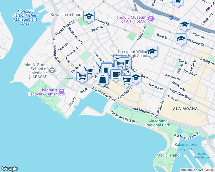 map of restaurants, bars, coffee shops, grocery stores, and more near 1000 Auahi Street in Honolulu