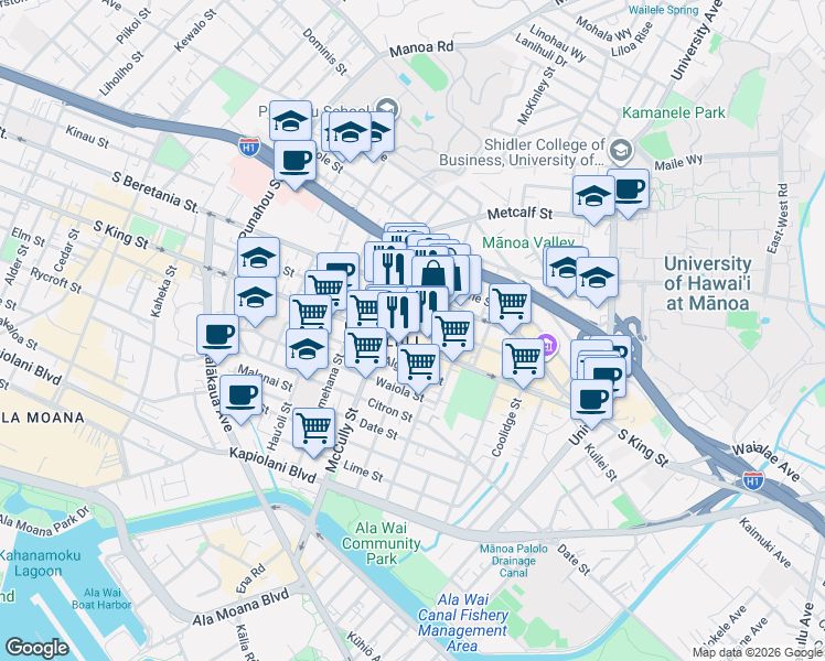 map of restaurants, bars, coffee shops, grocery stores, and more near 2051 Young Street in Honolulu