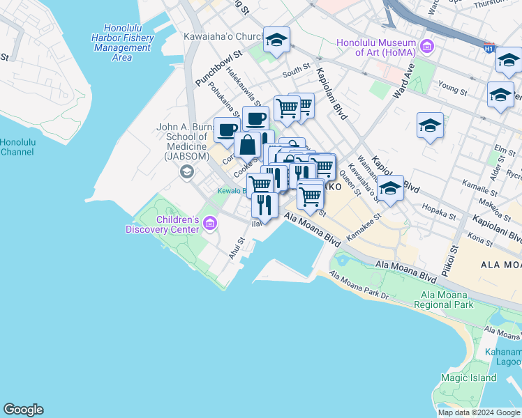 map of restaurants, bars, coffee shops, grocery stores, and more near 919 Ala Moana Boulevard in Honolulu