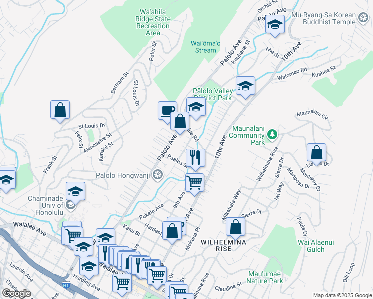 map of restaurants, bars, coffee shops, grocery stores, and more near 1811A Palolo Avenue in Honolulu