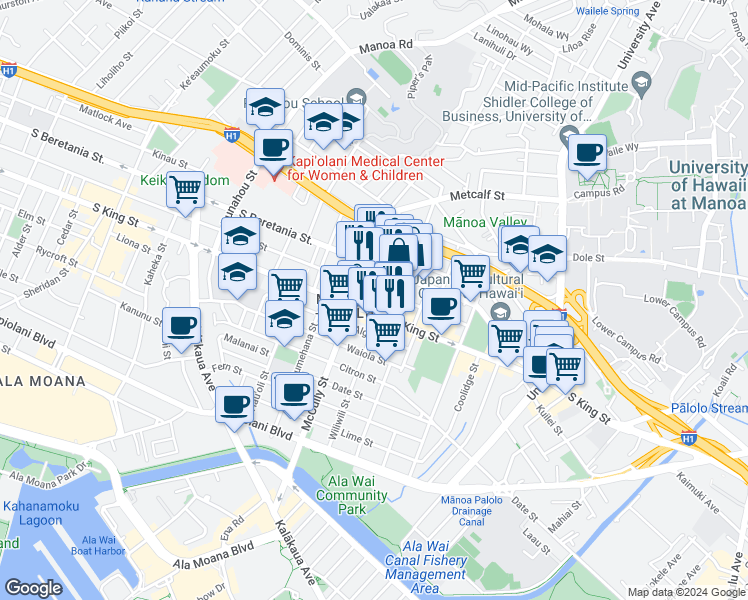 map of restaurants, bars, coffee shops, grocery stores, and more near 2064 Young Street in Honolulu