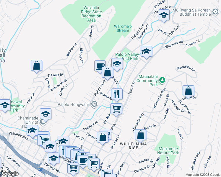 map of restaurants, bars, coffee shops, grocery stores, and more near Mahana Street in Honolulu