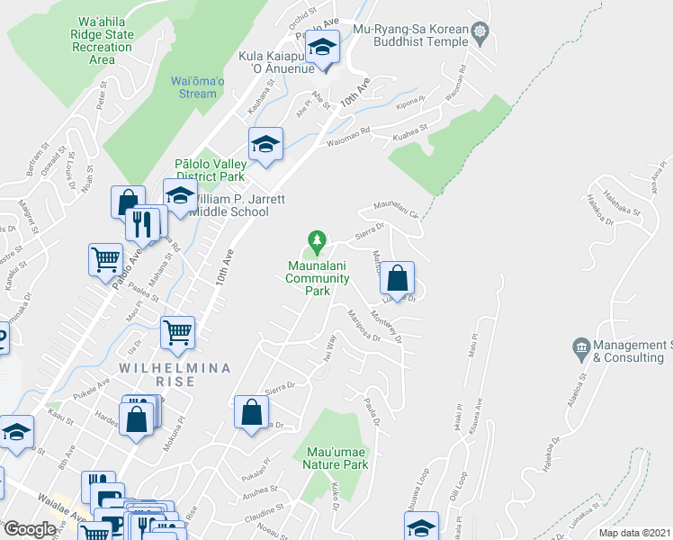 map of restaurants, bars, coffee shops, grocery stores, and more near 2029 Wilhelmina Rise in Honolulu