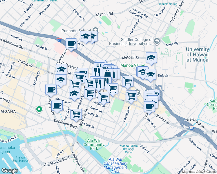 map of restaurants, bars, coffee shops, grocery stores, and more near 2064 Young Street in Honolulu