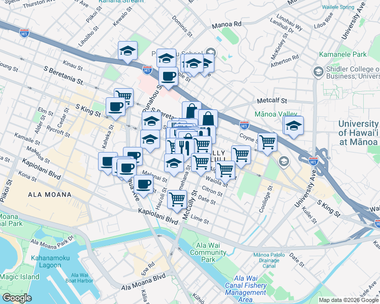 map of restaurants, bars, coffee shops, grocery stores, and more near 1914 South King Street in Honolulu