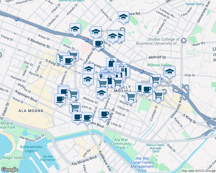 map of restaurants, bars, coffee shops, grocery stores, and more near 1914 South King Street in Honolulu
