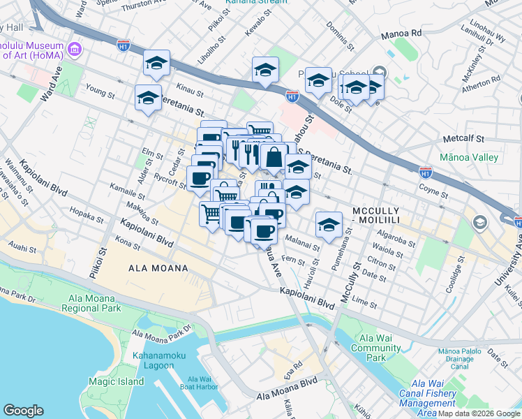 map of restaurants, bars, coffee shops, grocery stores, and more near 1551 Kalākaua Avenue in Honolulu
