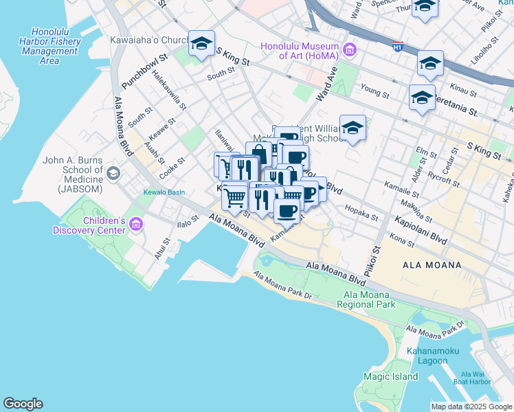 map of restaurants, bars, coffee shops, grocery stores, and more near 1008 Auahi Street in Honolulu