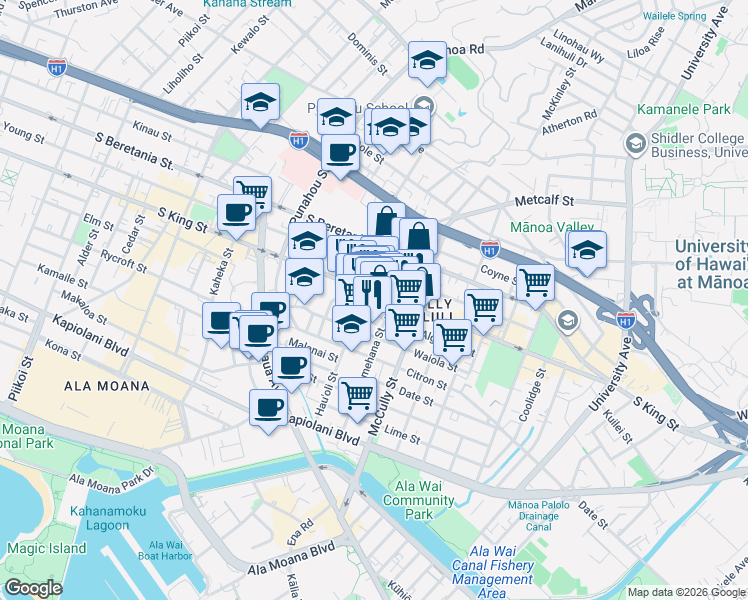 map of restaurants, bars, coffee shops, grocery stores, and more near 1914 South King Street in Honolulu
