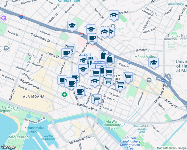 map of restaurants, bars, coffee shops, grocery stores, and more near 1773 South King Street in Honolulu