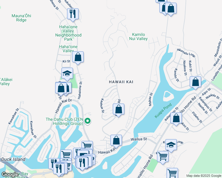 map of restaurants, bars, coffee shops, grocery stores, and more near 985 Kaahue Street in Honolulu