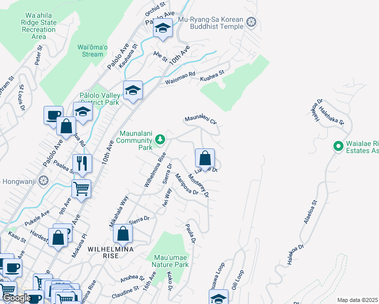 map of restaurants, bars, coffee shops, grocery stores, and more near 4763 Matsonia Drive in Honolulu