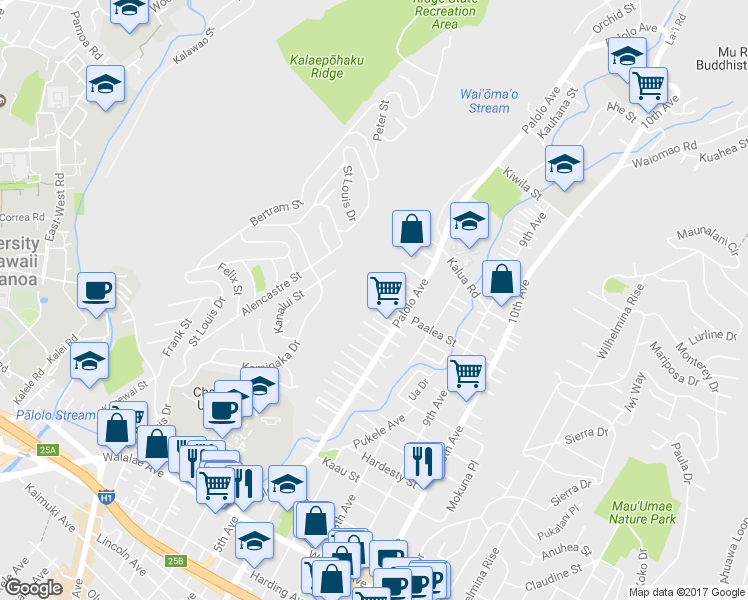 map of restaurants, bars, coffee shops, grocery stores, and more near 3265 Kilihune Place in Honolulu