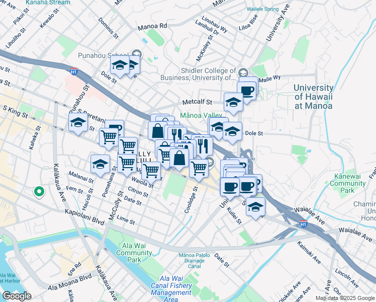 map of restaurants, bars, coffee shops, grocery stores, and more near 2330 South Beretania Street in Honolulu