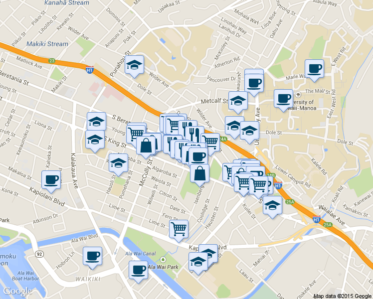map of restaurants, bars, coffee shops, grocery stores, and more near 2131 South Beretania Street in Honolulu