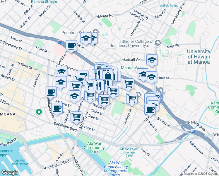 map of restaurants, bars, coffee shops, grocery stores, and more near 2064 Young Street in Honolulu