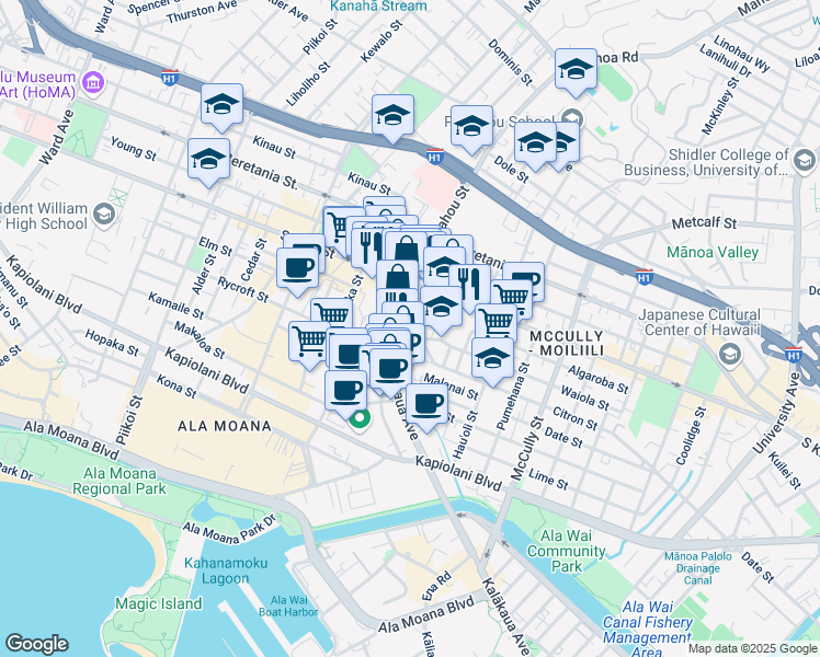 map of restaurants, bars, coffee shops, grocery stores, and more near 914 Punahou Street in Honolulu
