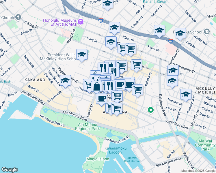 map of restaurants, bars, coffee shops, grocery stores, and more near 1228 Makaloa Street in Honolulu