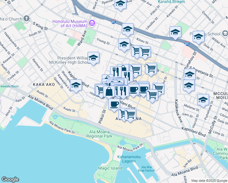 map of restaurants, bars, coffee shops, grocery stores, and more near 1228 Makaloa Street in Honolulu