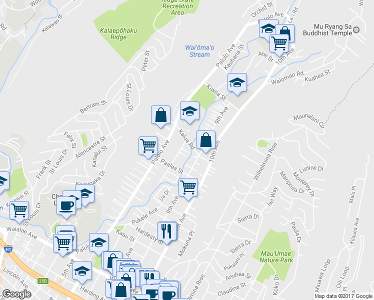 map of restaurants, bars, coffee shops, grocery stores, and more near 1859 Mahana Street in Honolulu