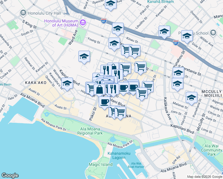 map of restaurants, bars, coffee shops, grocery stores, and more near 1242 Makaloa Street in Honolulu