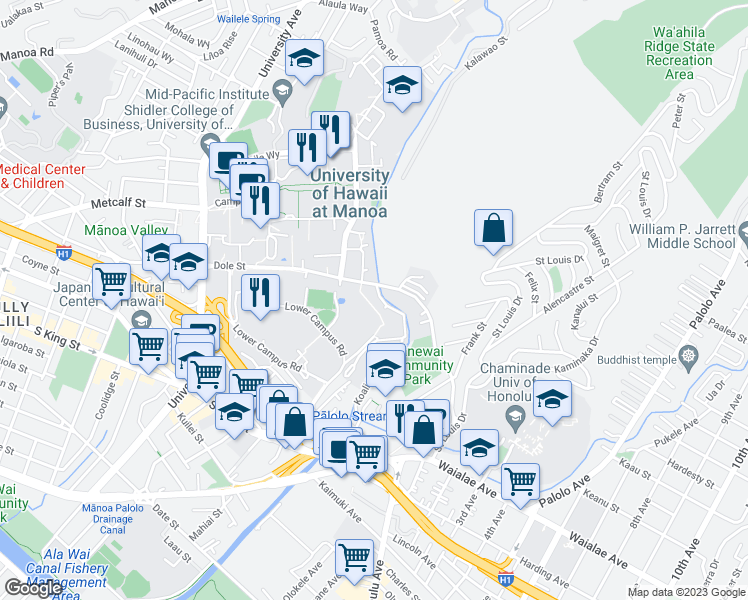 map of restaurants, bars, coffee shops, grocery stores, and more near 2569 Dole Street in Honolulu