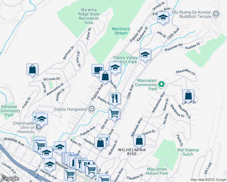 map of restaurants, bars, coffee shops, grocery stores, and more near 1859A Mahana Street in Honolulu