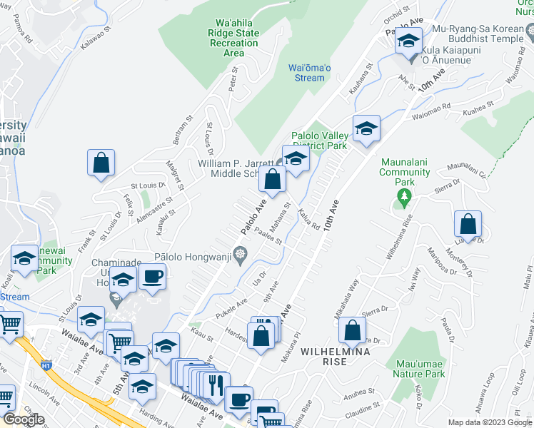 map of restaurants, bars, coffee shops, grocery stores, and more near 1811A Palolo Avenue in Honolulu